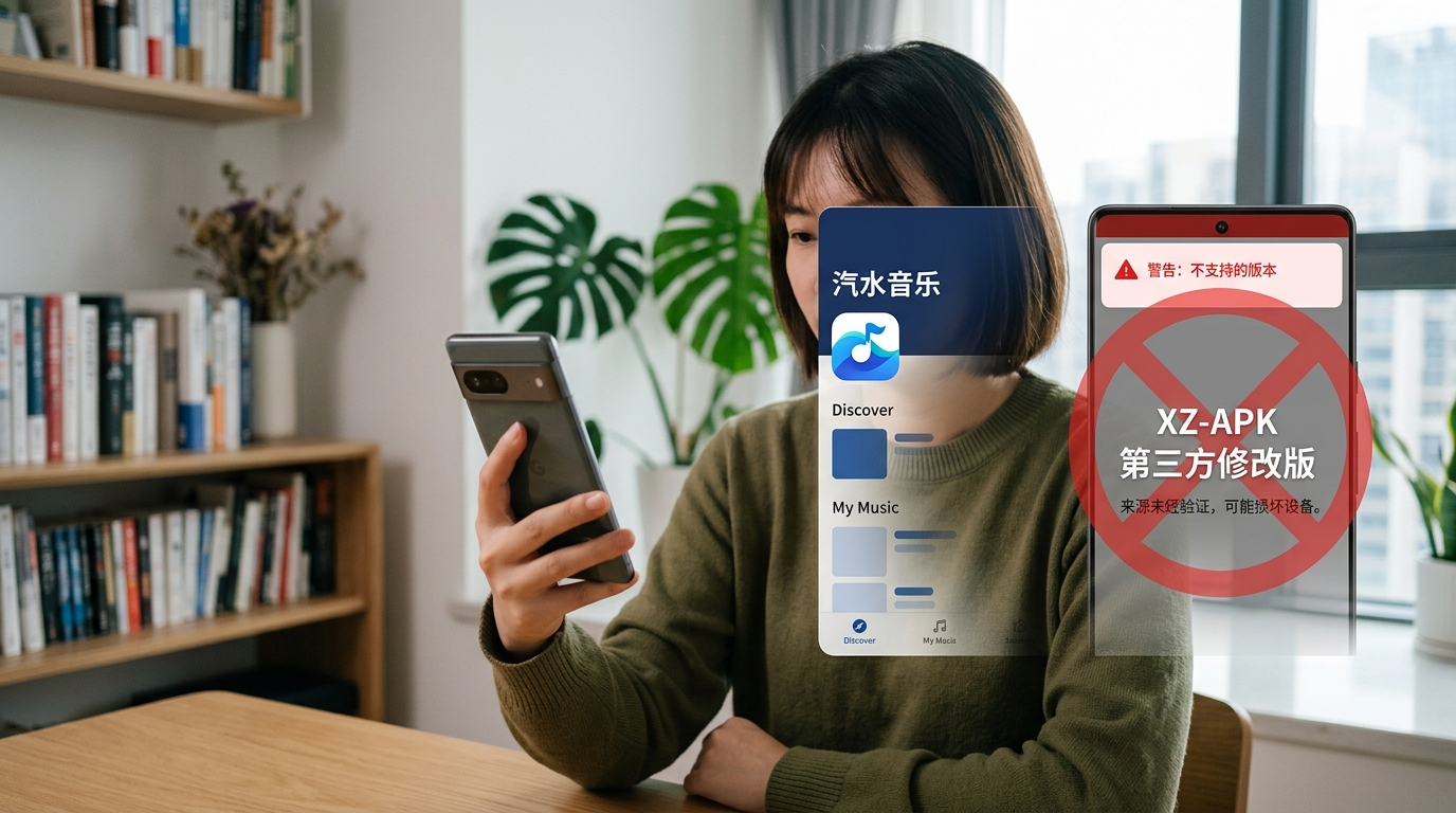汽水音乐下载 xz 版第三方修改版辨识对比图