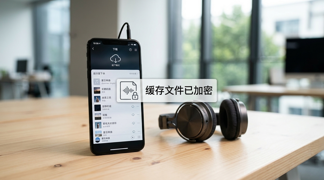 汽水音乐下载缓存文件加密与版权限制示意