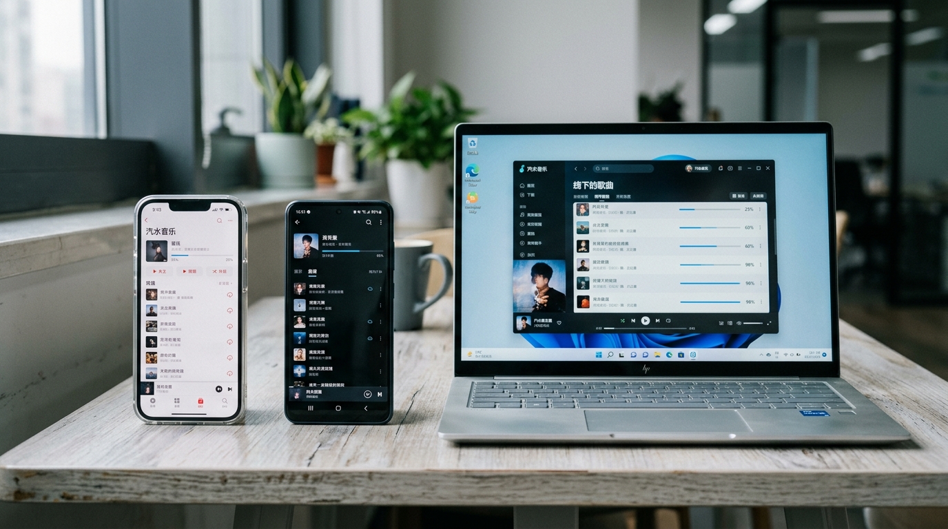 iOS安卓PC三端汽水音乐下载离线缓存操作对比