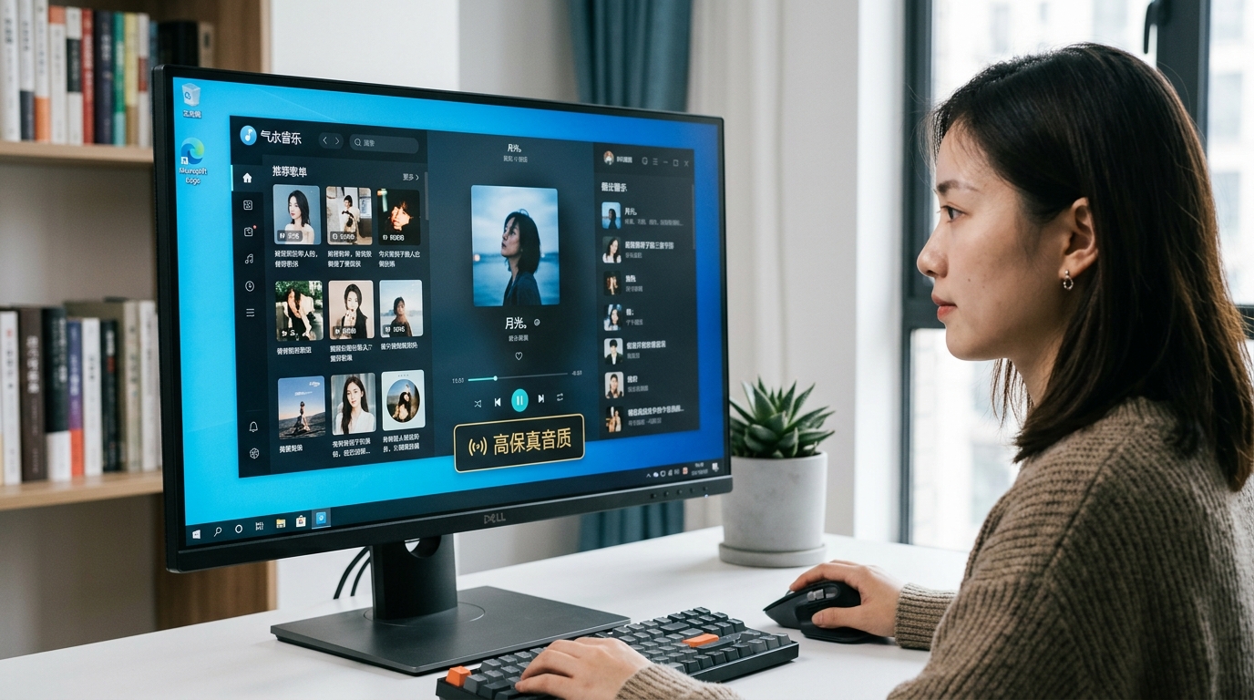 汽水音乐电脑版下载后在Windows 11上的多任务与高保真音质播放界面