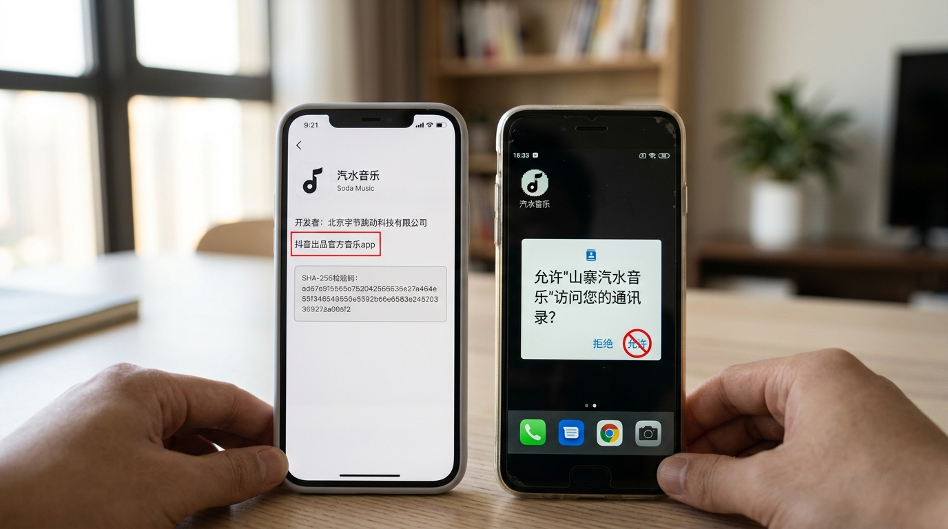 辨别汽水音乐下载正版源与山寨App对比