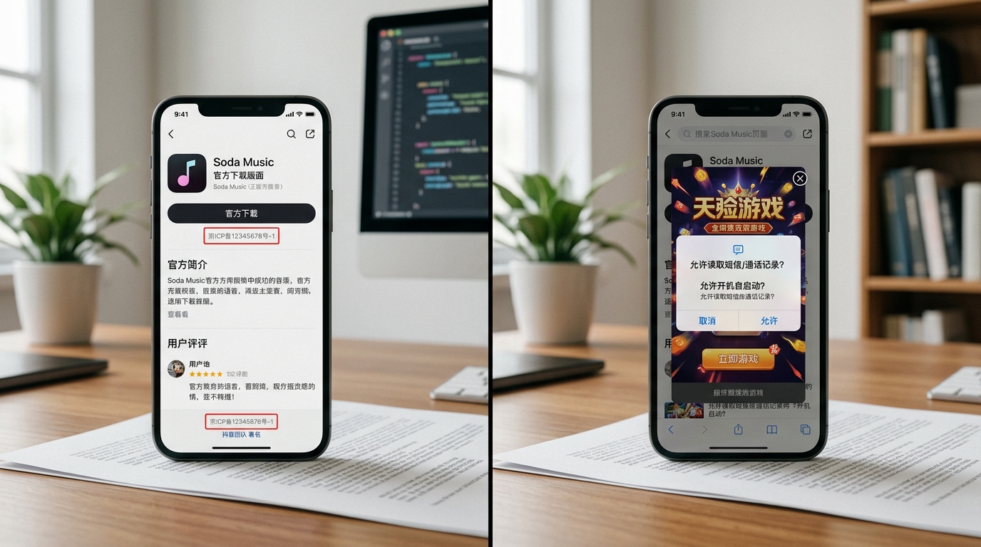汽水音乐官网真假页面五点识别对比